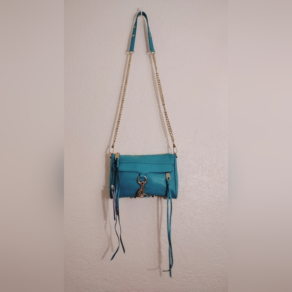 Rebecca Minkoff Mini MAC Aqua Teal Leather Crossbody Bag Chain Strap Tassel Bag - Picture 14 of 17